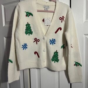 cupcakes & cashmere White Holiday Cardigan with Festive Motifs